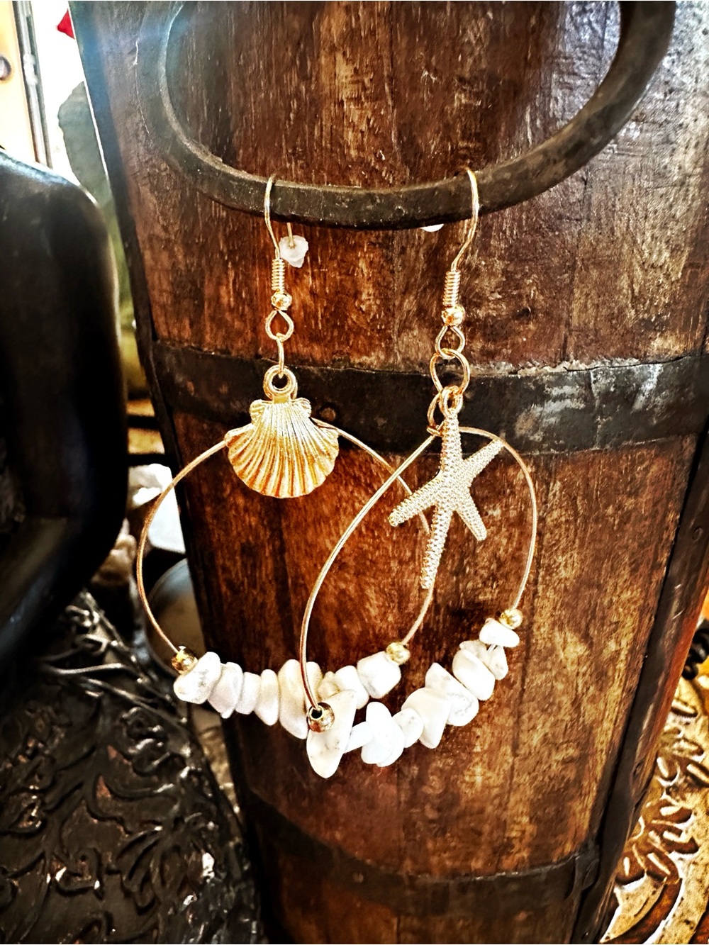 Restock Gold Beach Hoops: Shell, Starfish & white Howlite.